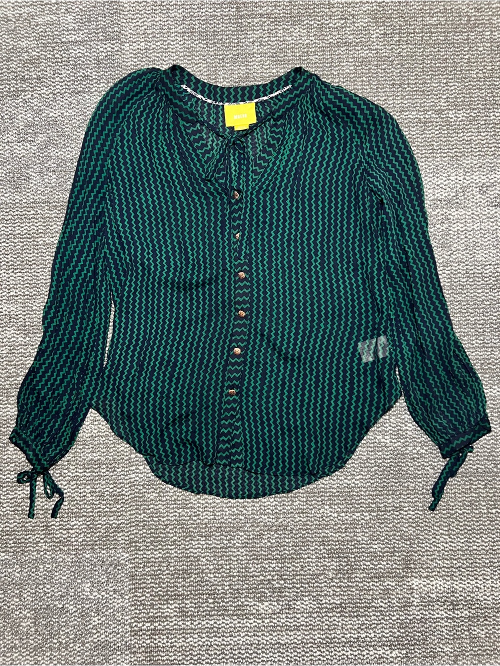 Anthropologie Maeve Della Sheer Chevron Tie Neck Blouse Green Navy Blue